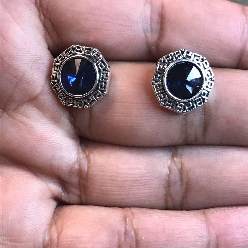 Vintage Geometric Silver and Blue Stud Earrings